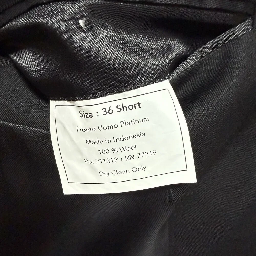 Pronto Uomo Platinum Men’s 100% Wool Black Suit 36 Short